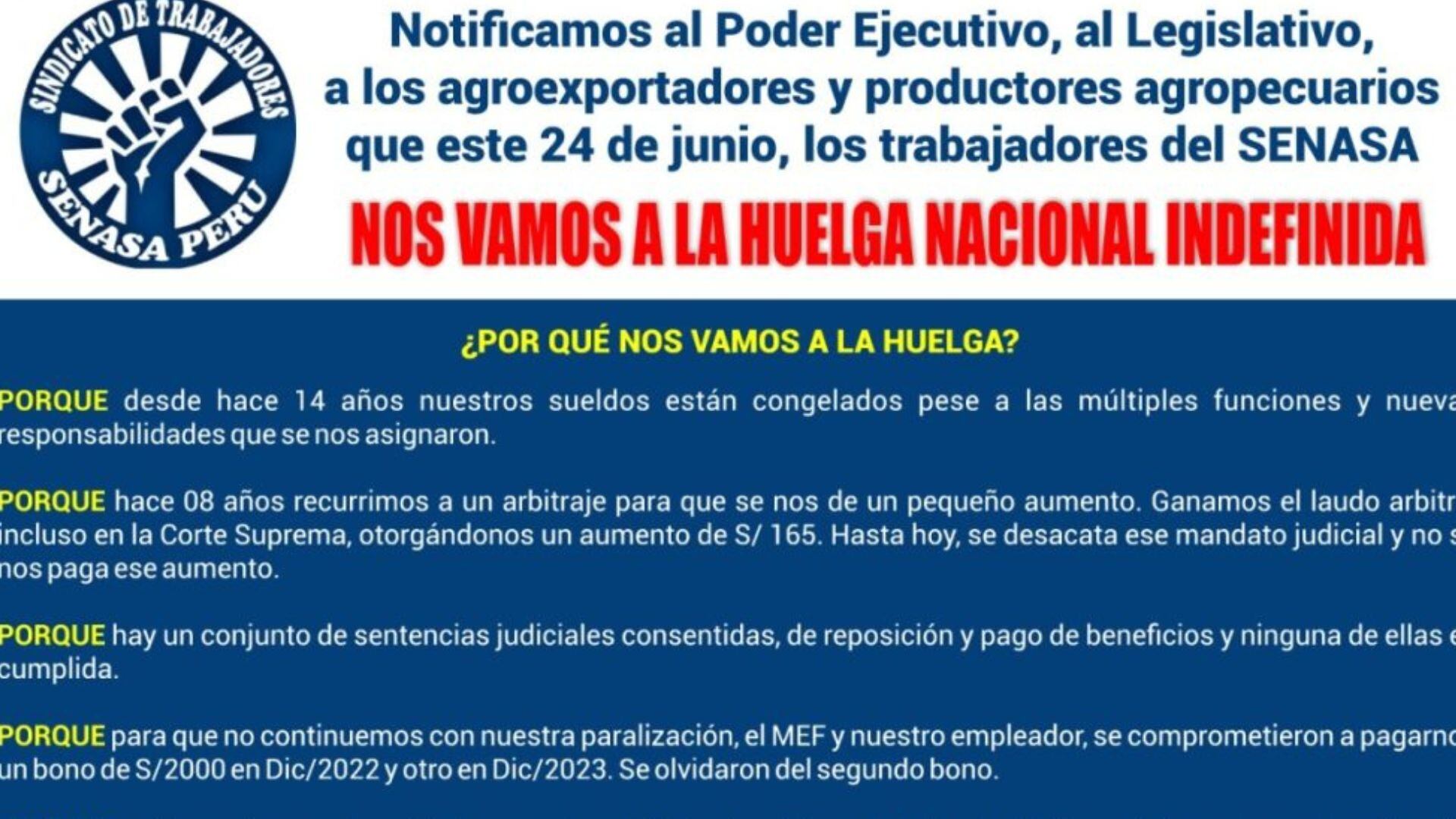 Trabajadores de Senasa inician huelga nacional indefinida.