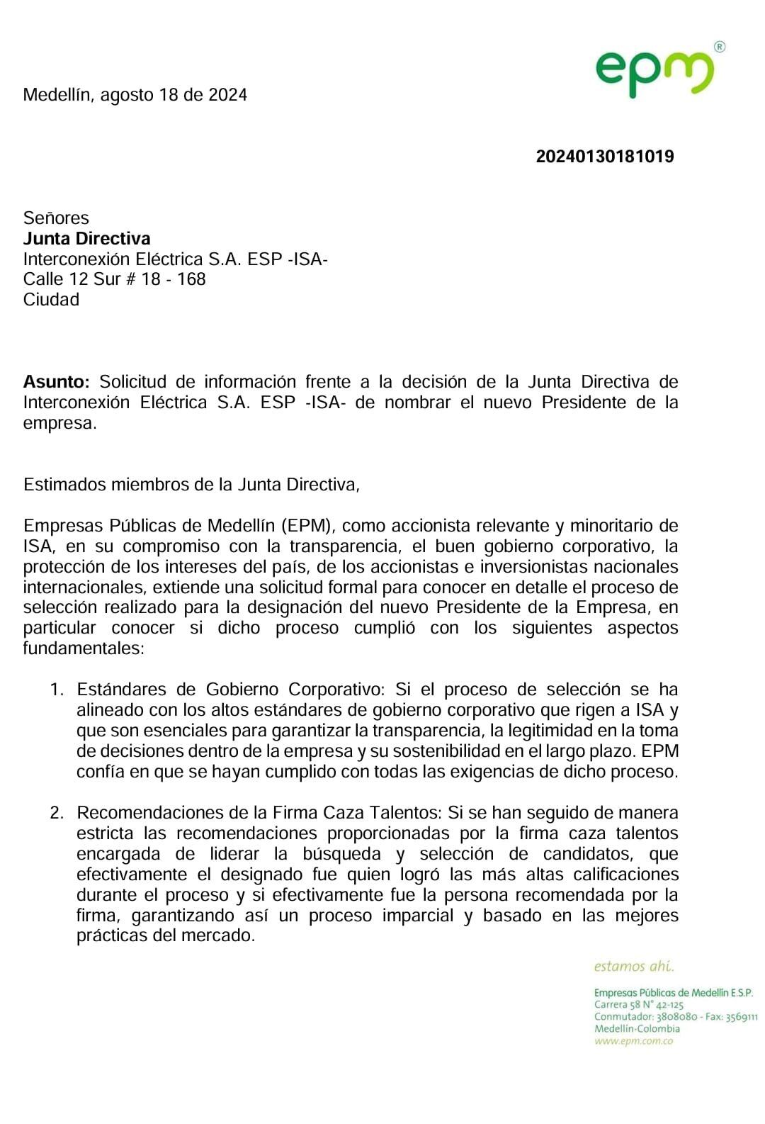 Carta enviada por el gerente general de EPM, John Maya Salazar, a la Junta Directiva de ISA -Interconexión Eléctrica S.A. E.S.P.- - crédito @EPMestamosahi/X