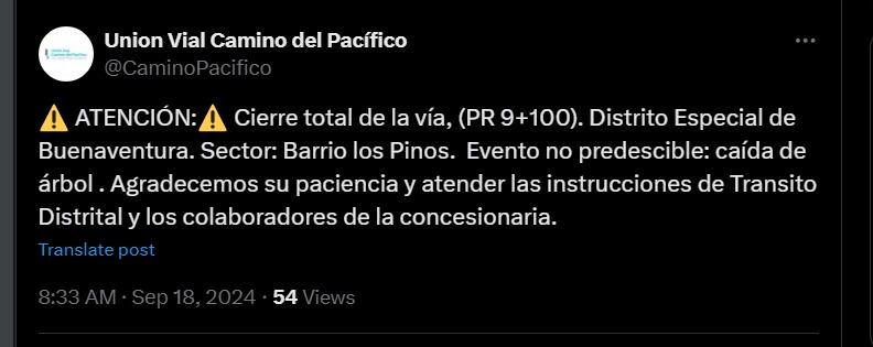 Concesionaria informó sobre la emergencia y el cierre de la vía - crédito @CaminoPacifico/X