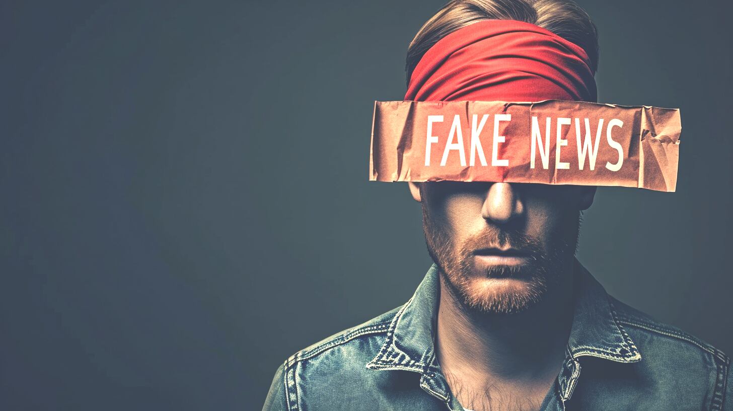 Un hombre adulto tapado por una venda roja que dice "fake news" (Imagen Ilustrativa Infobae)