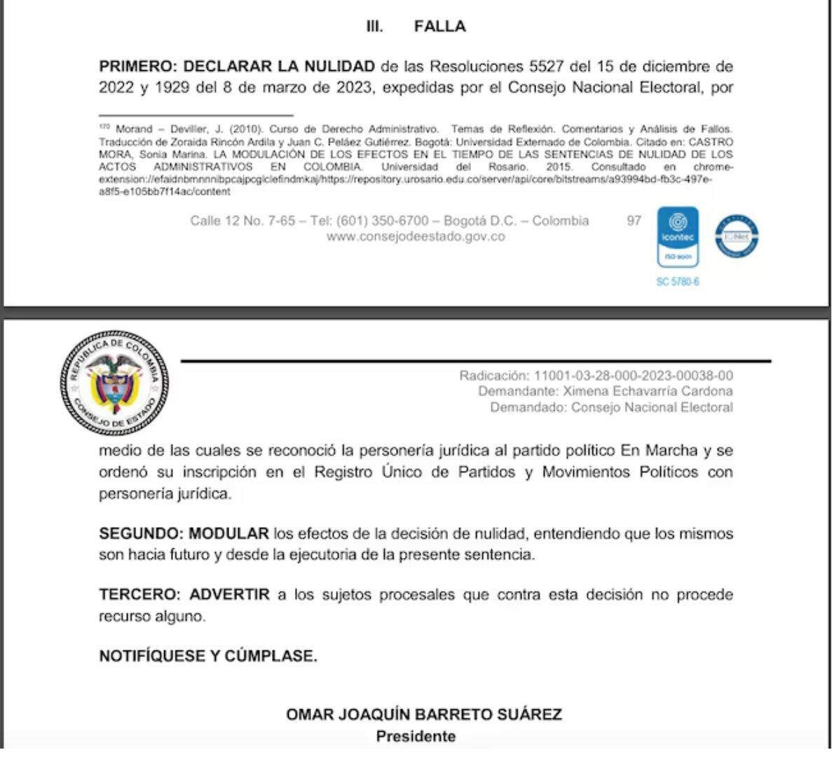 En un fallo de 98 páginas, el Consejo de Estado anuló la personería jurídica del partido En Marcha, que lidera el ministro Juan Fernando Cristo - crédito Consejo de Estado