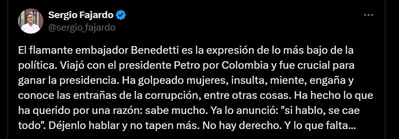 Sergio Fajardo sobre Armando Benedetti - crédito @sergio_fajardo/X