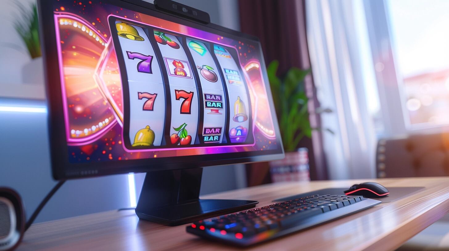 Una computadora con una pantalla de juego de tragamonedas, rodeada de fichas de casino y con apuestas en línea, ofrece una experiencia de juego emocionante y llena de emoción. El juego de tragamonedas es un clásico de los casinos que ahora se puede disfrutar en línea, permitiendo a los jugadores apostar y ganar desde la comodidad de su hogar. La imagen muestra una laptop con un juego de tragamonedas en la pantalla, rodeada de fichas de casino y con un fondo de color azul. (Imagen ilustrativa Infobae)