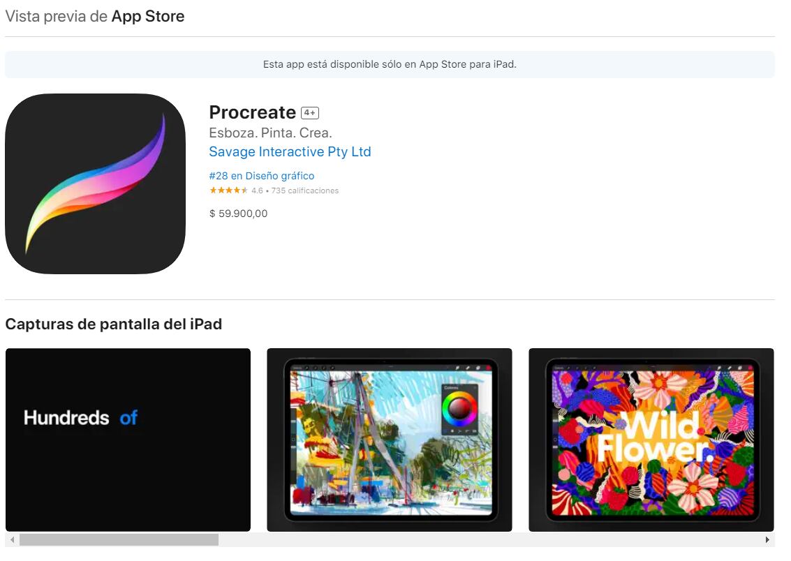 Procreate es una aplicación exclusiva de iPad y no es gratuita. (App Store)