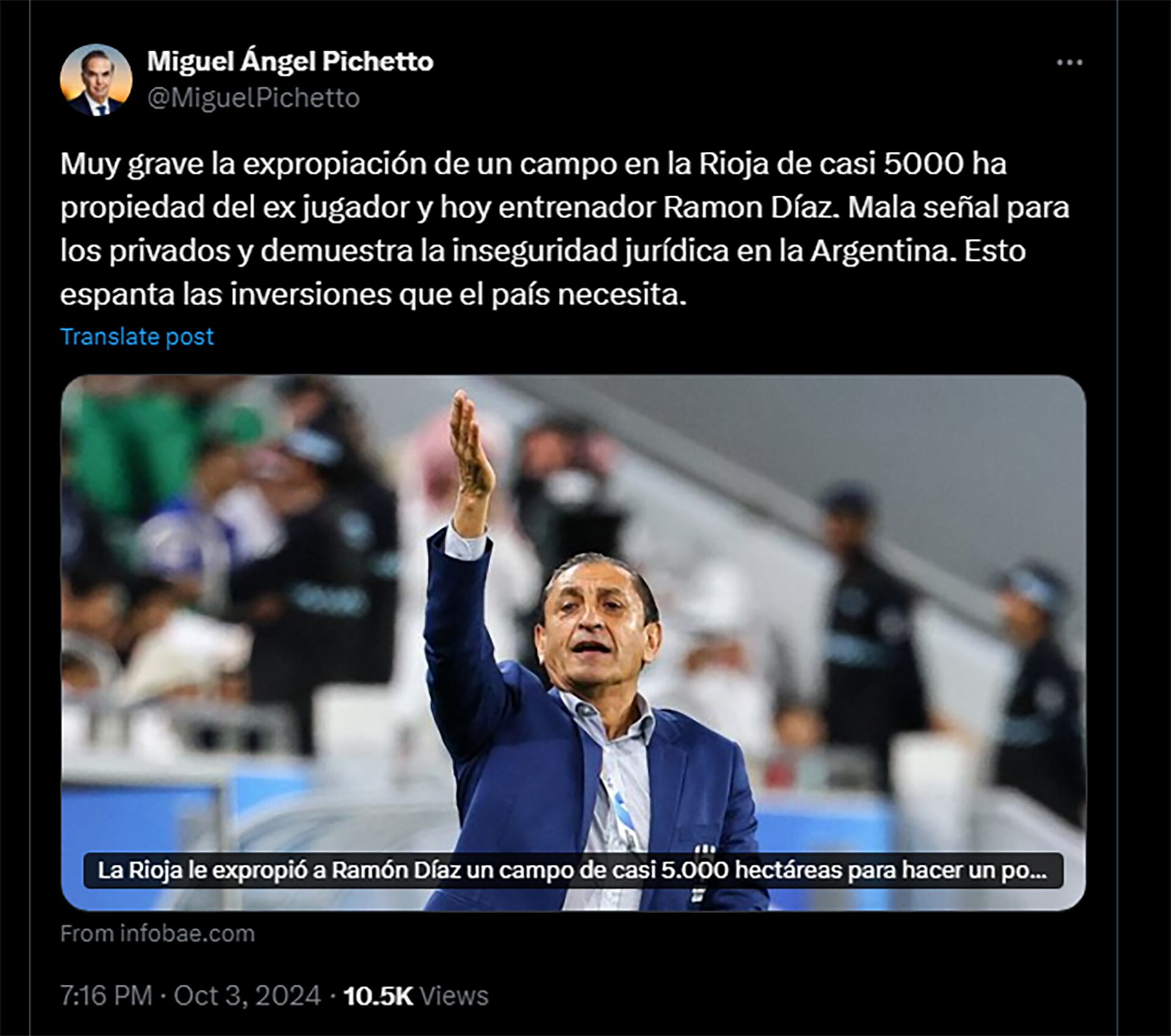 Posteo de Miguel Angel Pichetto en rechazo a la expropiación del campo de Ramon Díaz