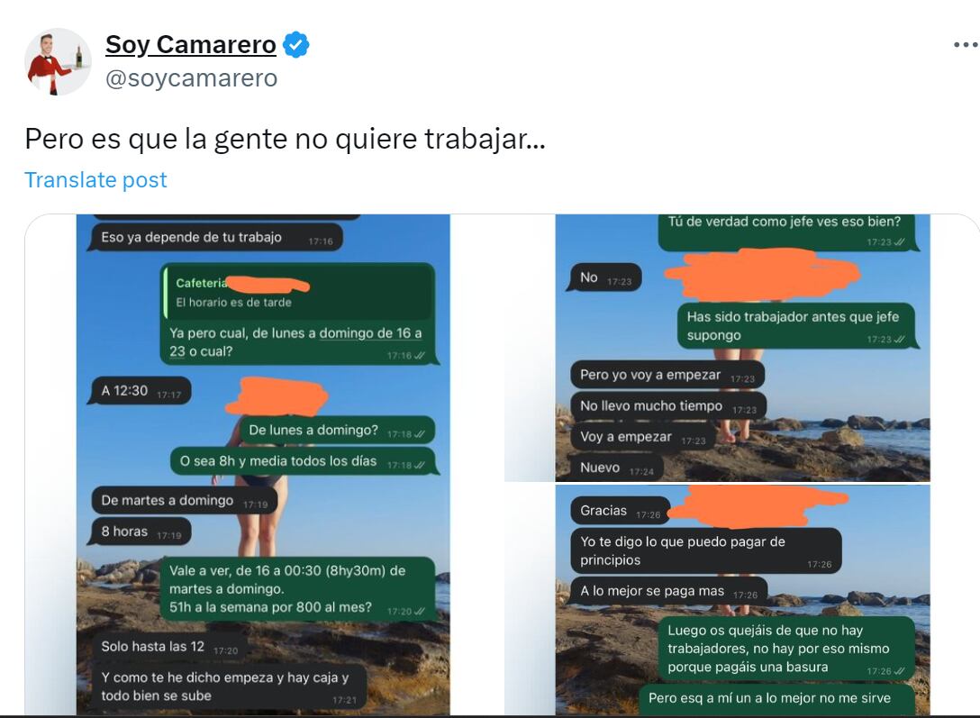 Una publicación de @soycamarero en X (antiguo Twitter).