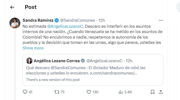 Sandra Ramírez dice que no se debe interferir con los asuntos internos en Venezuela - crédito @SandraComunes