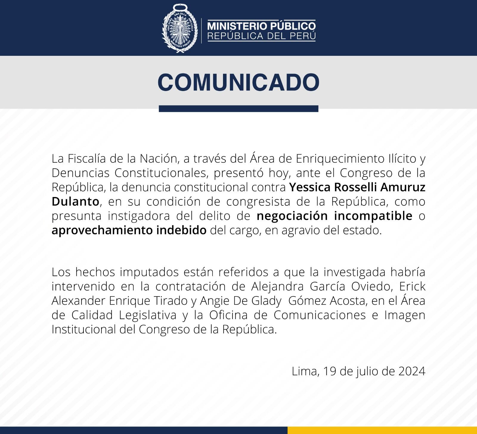 Ministerio Público presentó denuncia consitucional. (Foto: X)