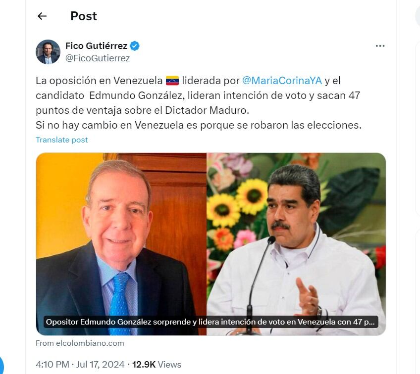 Fico Gutiérrez destacó la ventaja que sacó la oposición de Venezuela en la última encuesta de intención de voto - crédito @FicoGutierrez