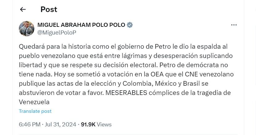 Miguel Polo Polo cuestiona la postura de Colombia en la OEA - crédito @MiguelPoloP