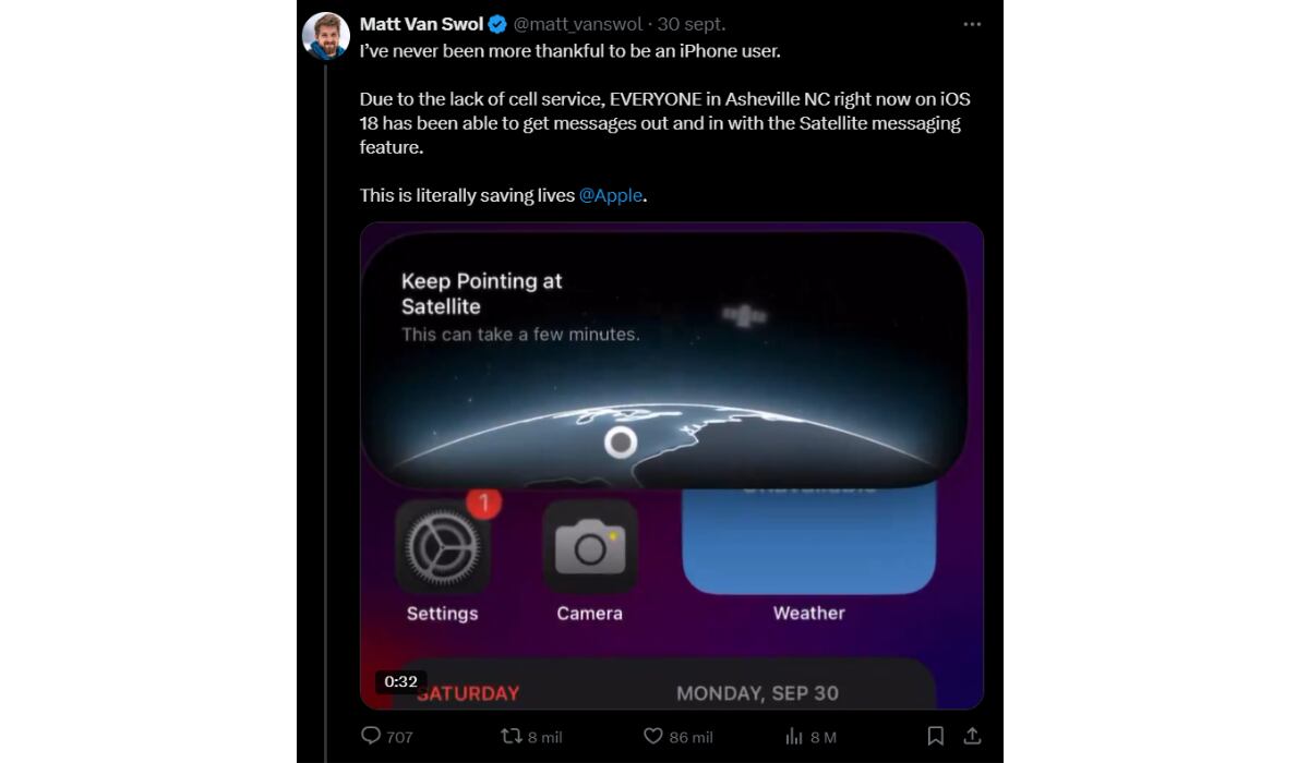 Los mensajes satelitales de iPhone han sido útiles para varias personas. (X: matt_vanswol)