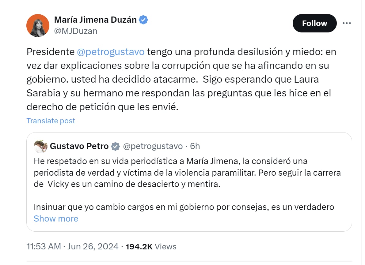 La periodista María Jimena Duzán aseguró que el presidente Gustavo Petro la está atacando - crédito @MJDuzan/X