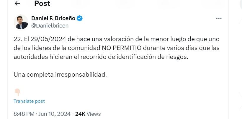 Daniel Briceño dijo que lideres  de la comunidad no permitieron que autoridades hicieron recorrido de identificación de riesgos - crédito @Danielbricen