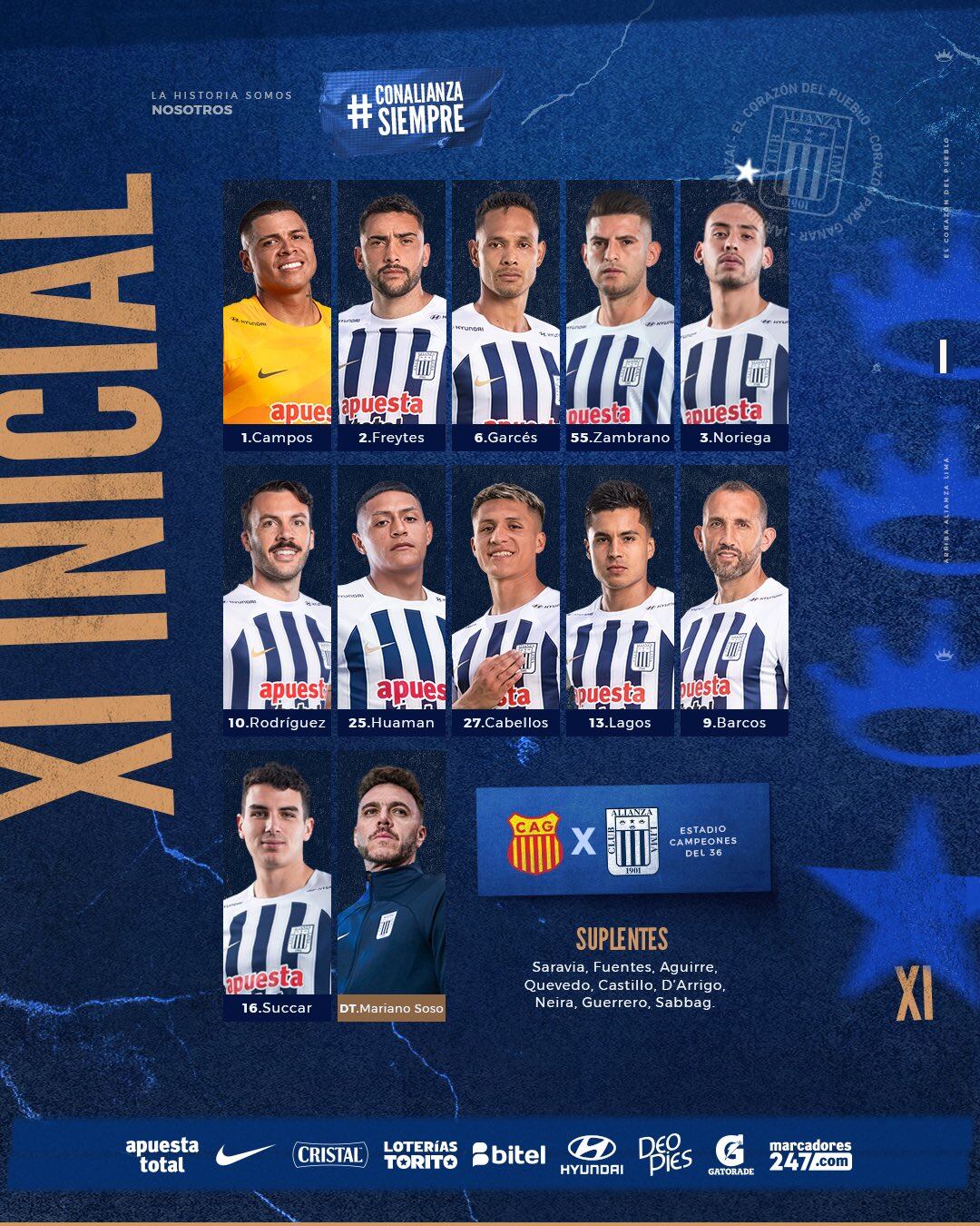 Alineación confirmada de Alianza Lima para enfrentar a Atlético Grau por el Torneo Clausura de la Liga 1 2024.