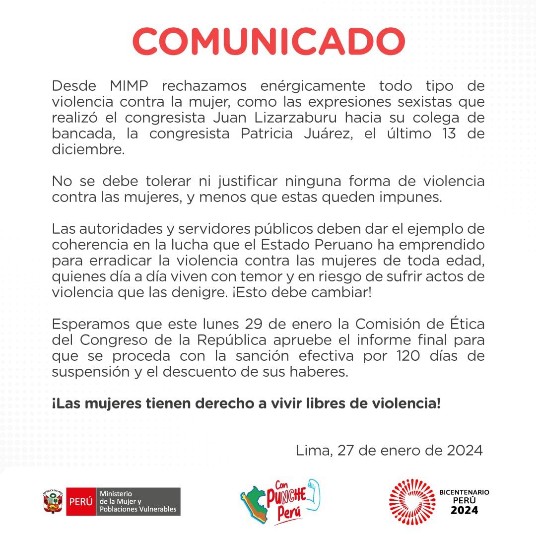 Comunicado publicado a un día de que la Comisión de Ética evalúe informe contra Lizarzaburu.