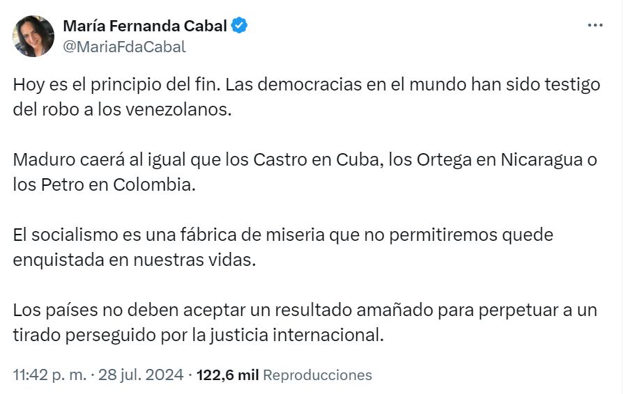 María Fernanda Cabal criticó los resultados en Venezuela - crédito red social X