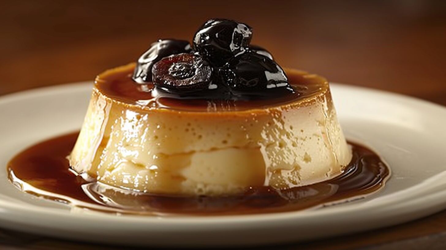 Postre, flan, ciruelas, caramelo, oscuro, sabor, receta, cocina, textura, comida, festivo, dulce, tentación, elegante, sobremesa - (Imagen Ilustrativa Infobae)