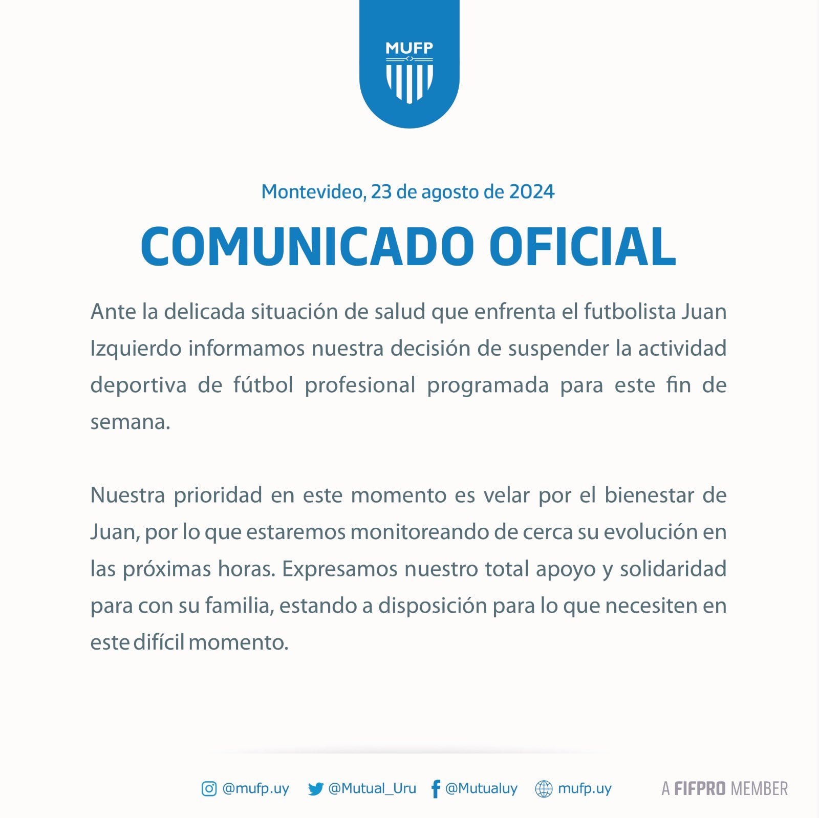 Comunicado de la Mutual de jugadores uruguayos por Juan Izquierdo