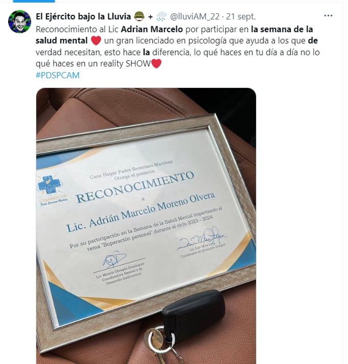 Adrián Marcelo ha vuelto a estar en el centro de la polémica tras presuntamente recibir un reconocimiento por su participación en la Semana de la Salud Mental 2023-2024