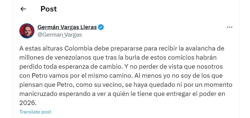 Germán Vargas Lleras dice que Colombia recibirá un gran flujo migratorio de Venezuela - crédito @German_Vargas