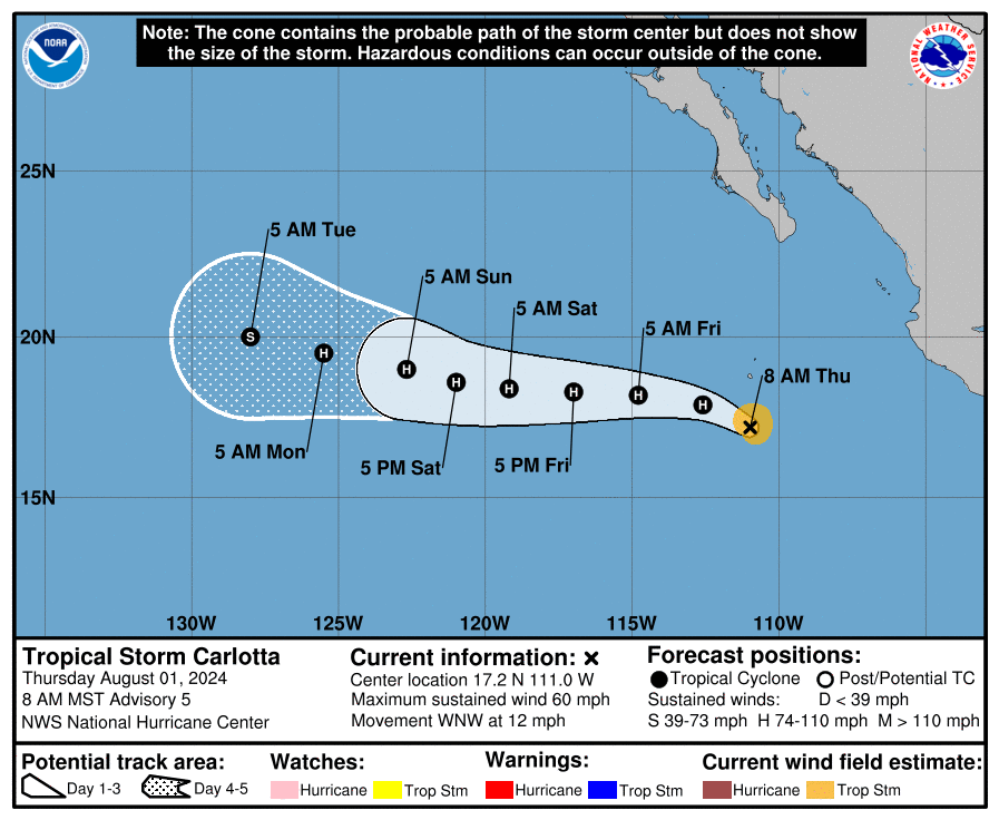 Tormenta Tropical Carlotta, posible trayectoria según el Centro Nacional de Huracanes