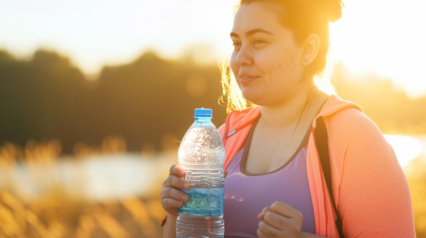 Joven de talla grande bebiendo agua para hidratarse después de hacer ejercicio, mostrando sudor y esfuerzo. La imagen subraya la importancia de cuidarse y mantenerse saludable, destacando la hidratación como un aspecto clave del bienestar físico, sin importar el tamaño corporal. (Imagen ilustrativa Infobae)