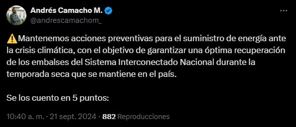 El ministro de Energía y Minas declaró en X las medidas que está tomando el Gobierno para evitar crisis energética - crédito Andrés Camacho/X