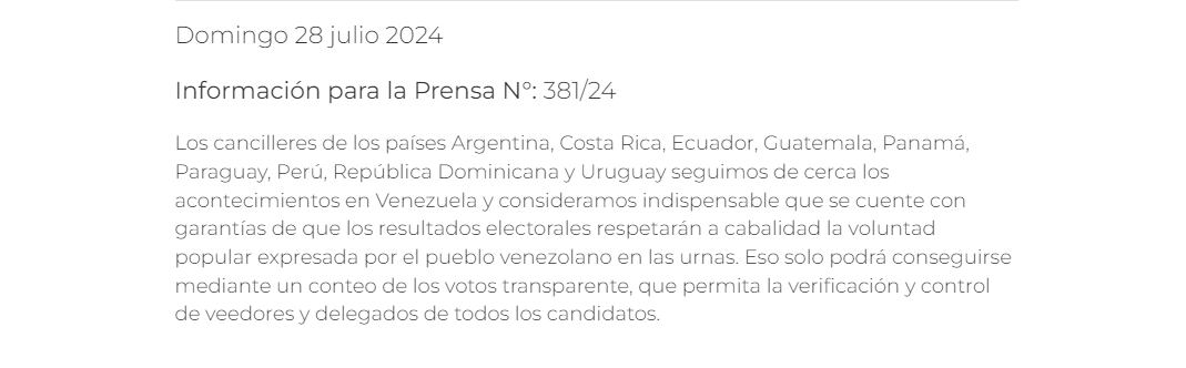 Nueve países exigieron al régimen de Maduro que exista un conteo transparente