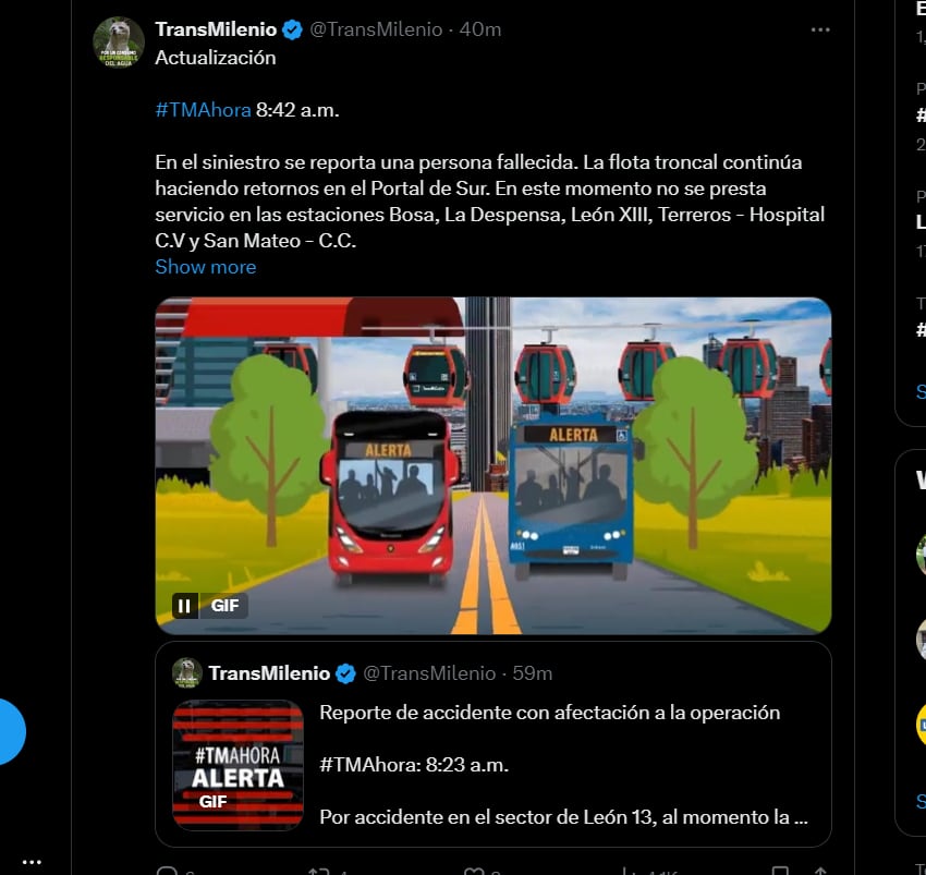 Este fue el reporte oficial de Transmilenio sobre el accidente - crédito red social X