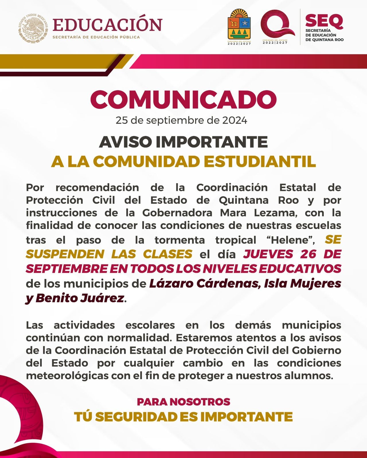 Suspensión de clases - Huracán Helene - Quintana Roo