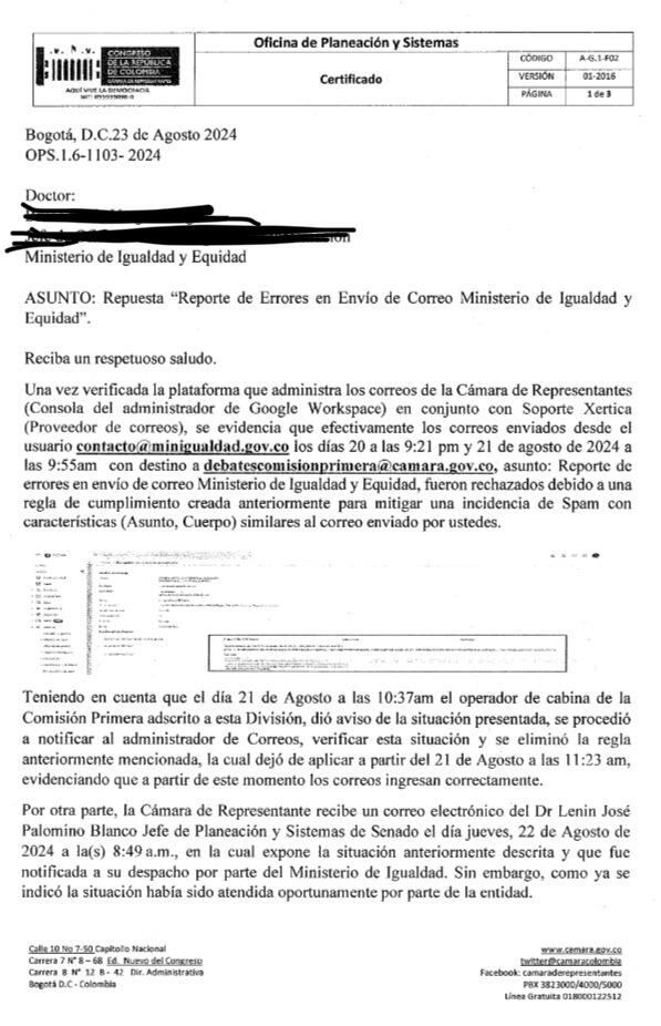 Confirmación de que correo del Ministerio de la Igualdad si fue enviado a la Cámara de Representantes - crédito Congreso de la República