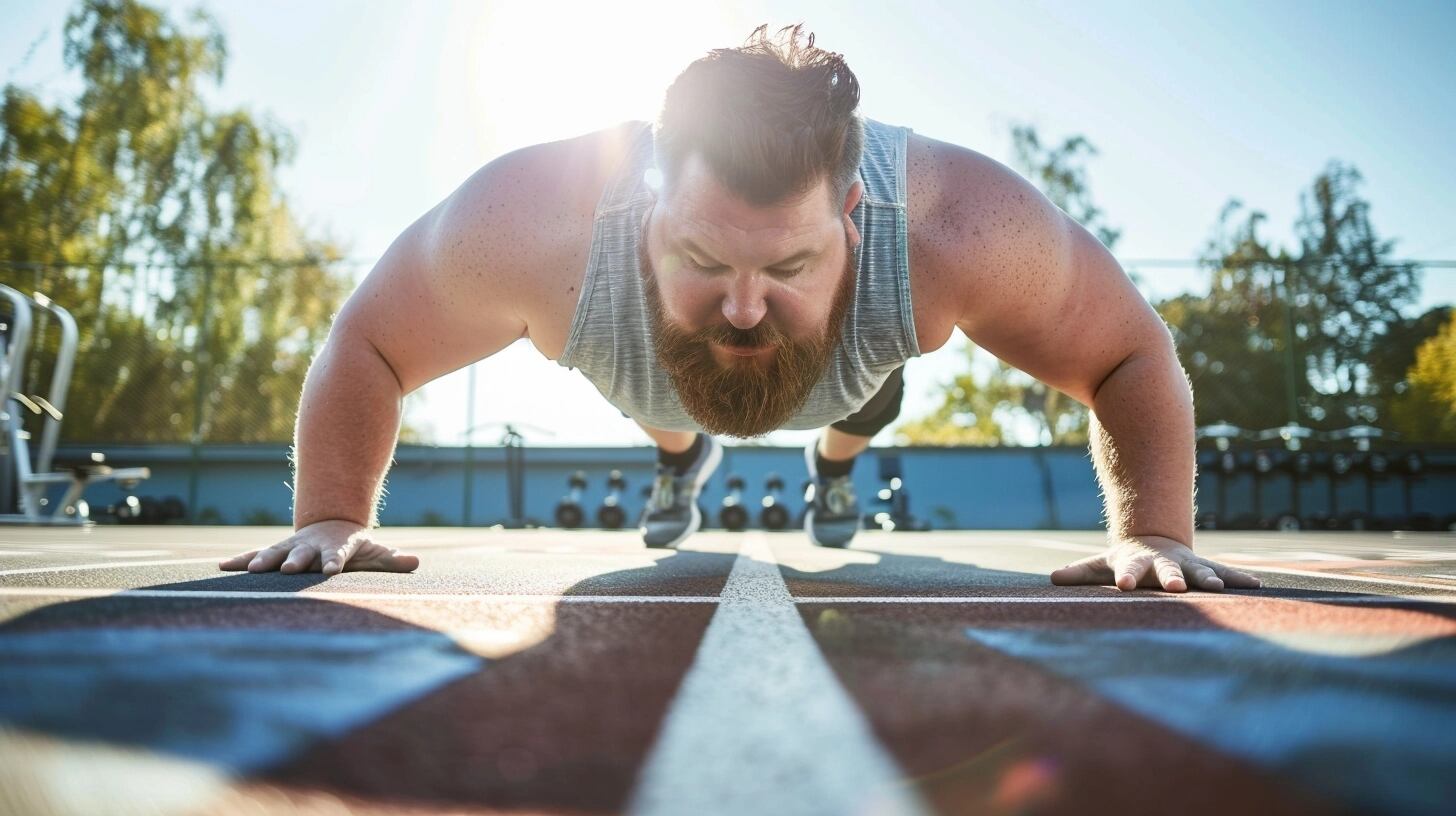 Un hombre con sobrepeso se encuentra haciendo flexiones de brazos, un ejemplo de ejercicio y entrenamiento. La imagen muestra a un hombre realizando un ejercicio físico, lo que puede ser un indicador de un cambio en su rutina de ejercicios. La obesidad es un problema de salud que requiere atención y cambios en la dieta y el estilo de vida. (Imagen ilustrativa Infobae)