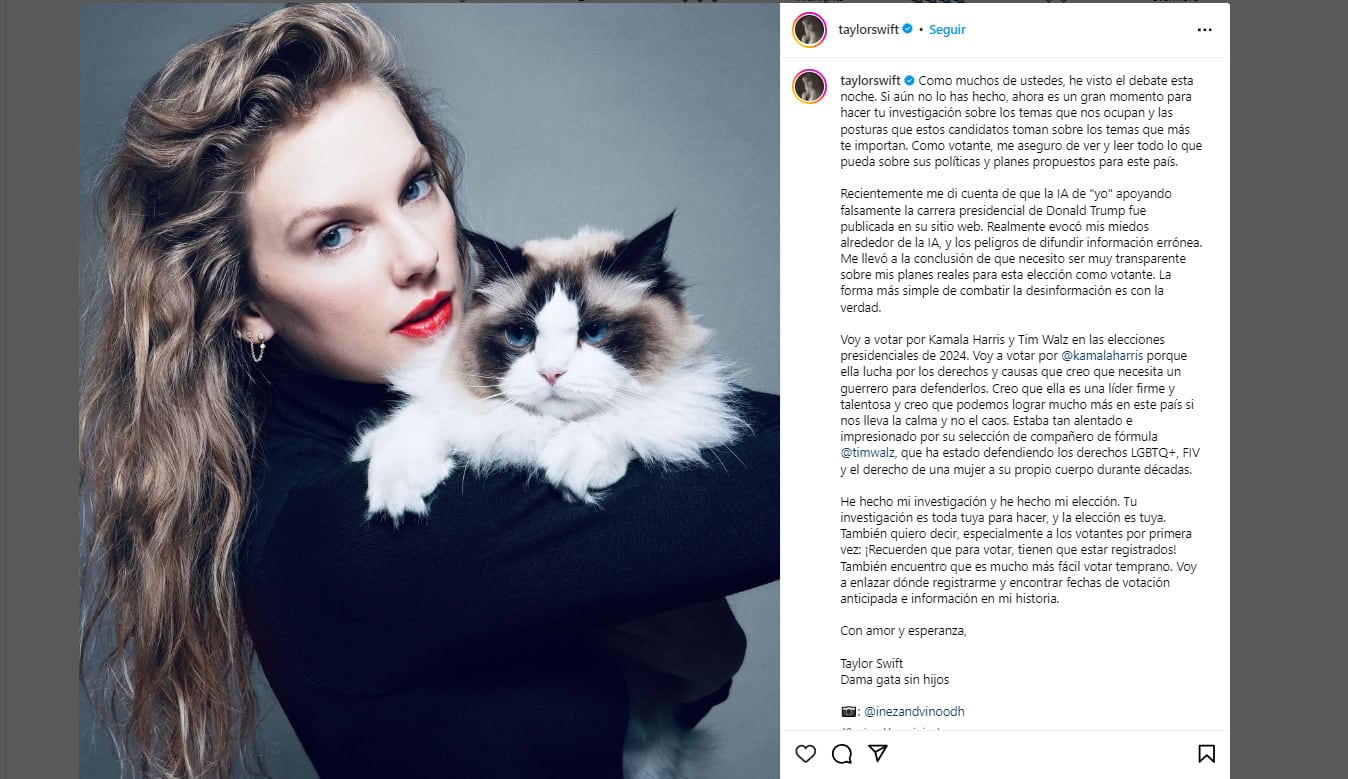 Taylor Swift anuncia que votará por Kamala Harris