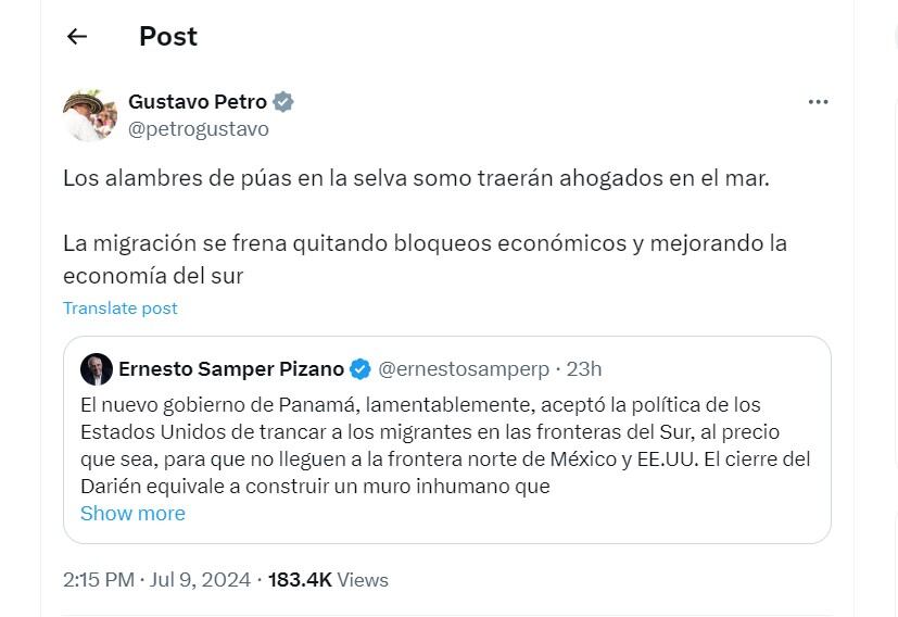 Gustavo Petro habla de recientes medidas migratorias en Panamá - crédito @petrogustavo