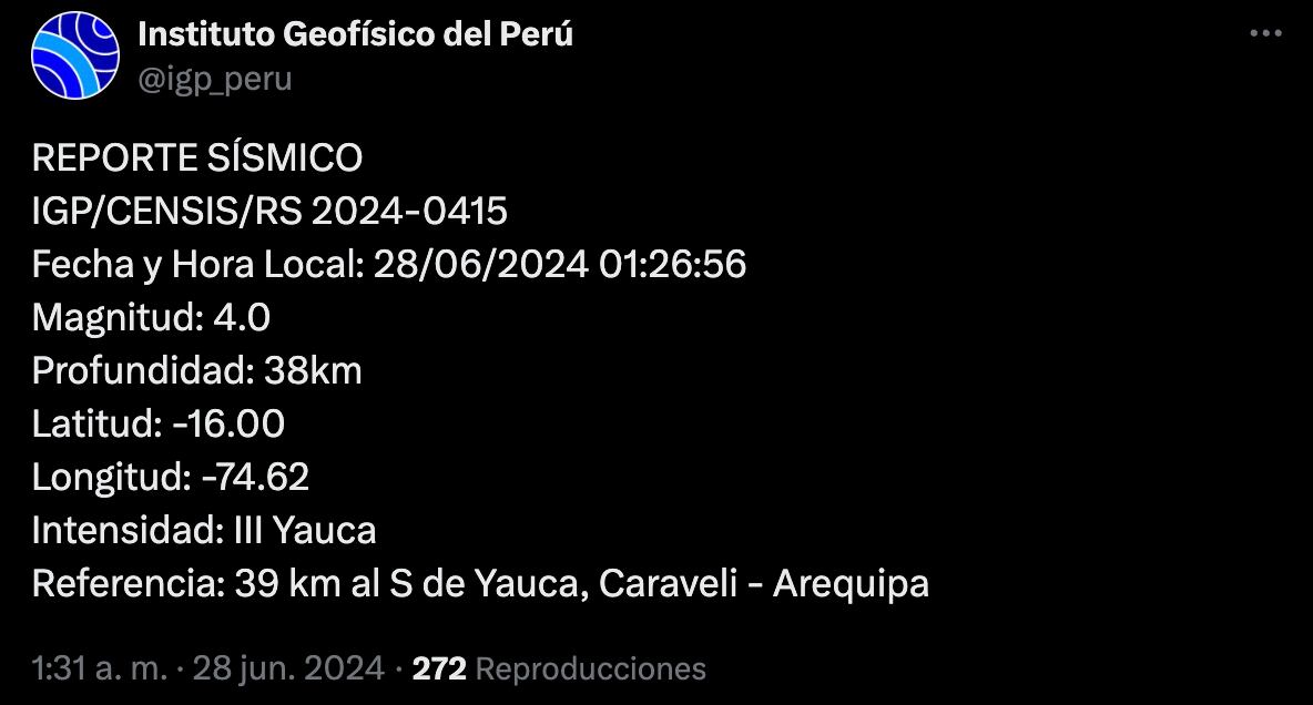 Reportan segunda réplica de sismo en Arequipa.