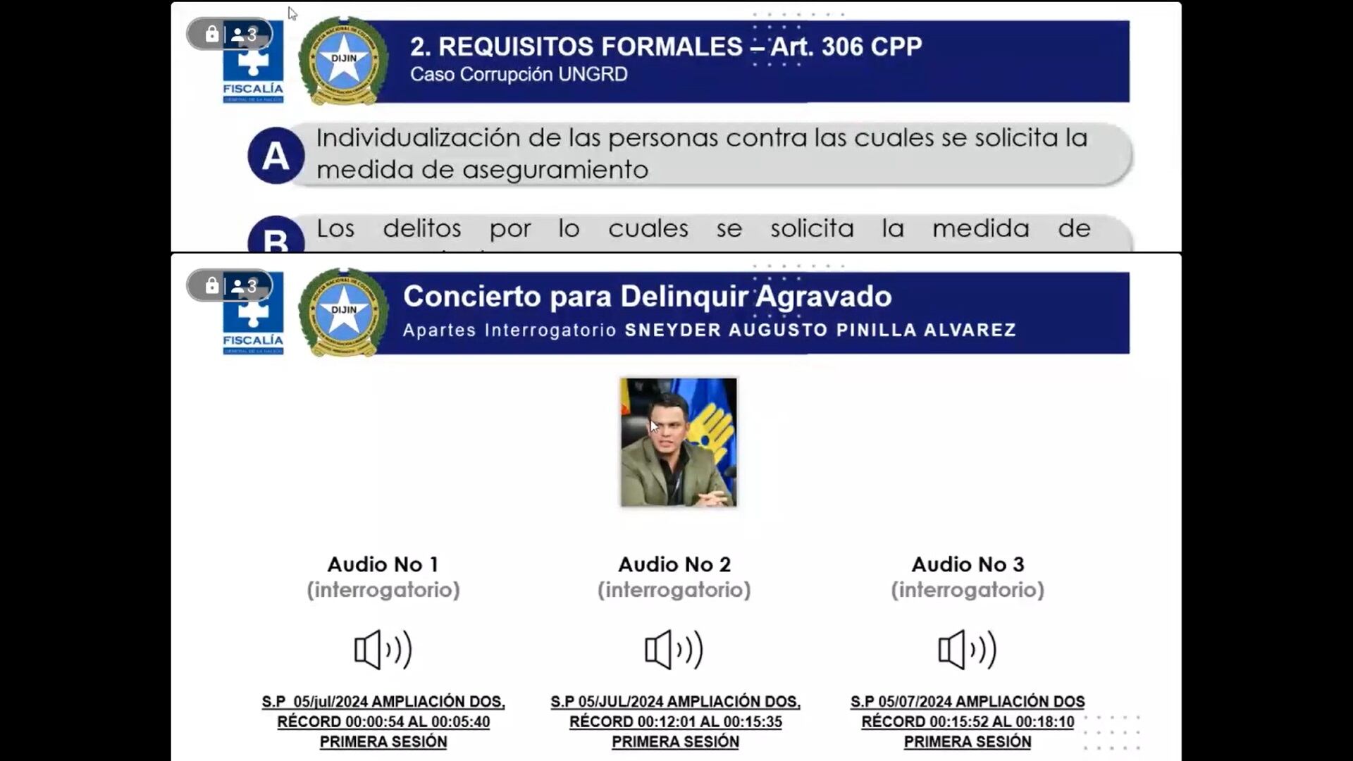 Audiencia contra Olmedo López, Sneyder Pinilla y Luis Eduardo López - crédito Fiscalía