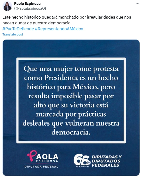 La diputada panista envió un mensaje a la presidenta constitucional electa.