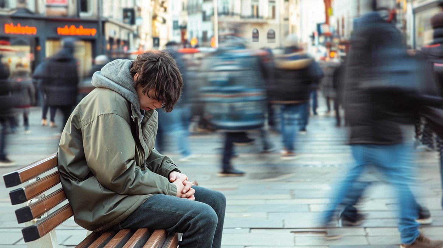 Adolescente sentado solo en un banco, con la cabeza gacha mientras el mundo alrededor se desplaza rápidamente, simbolizando posibles trastornos de ansiedad, depresión o disociación. La fotografía subraya la importancia de identificar y tratar problemas de salud mental en las etapas tempranas de la vida. (Imagen ilustrativa Infobae)