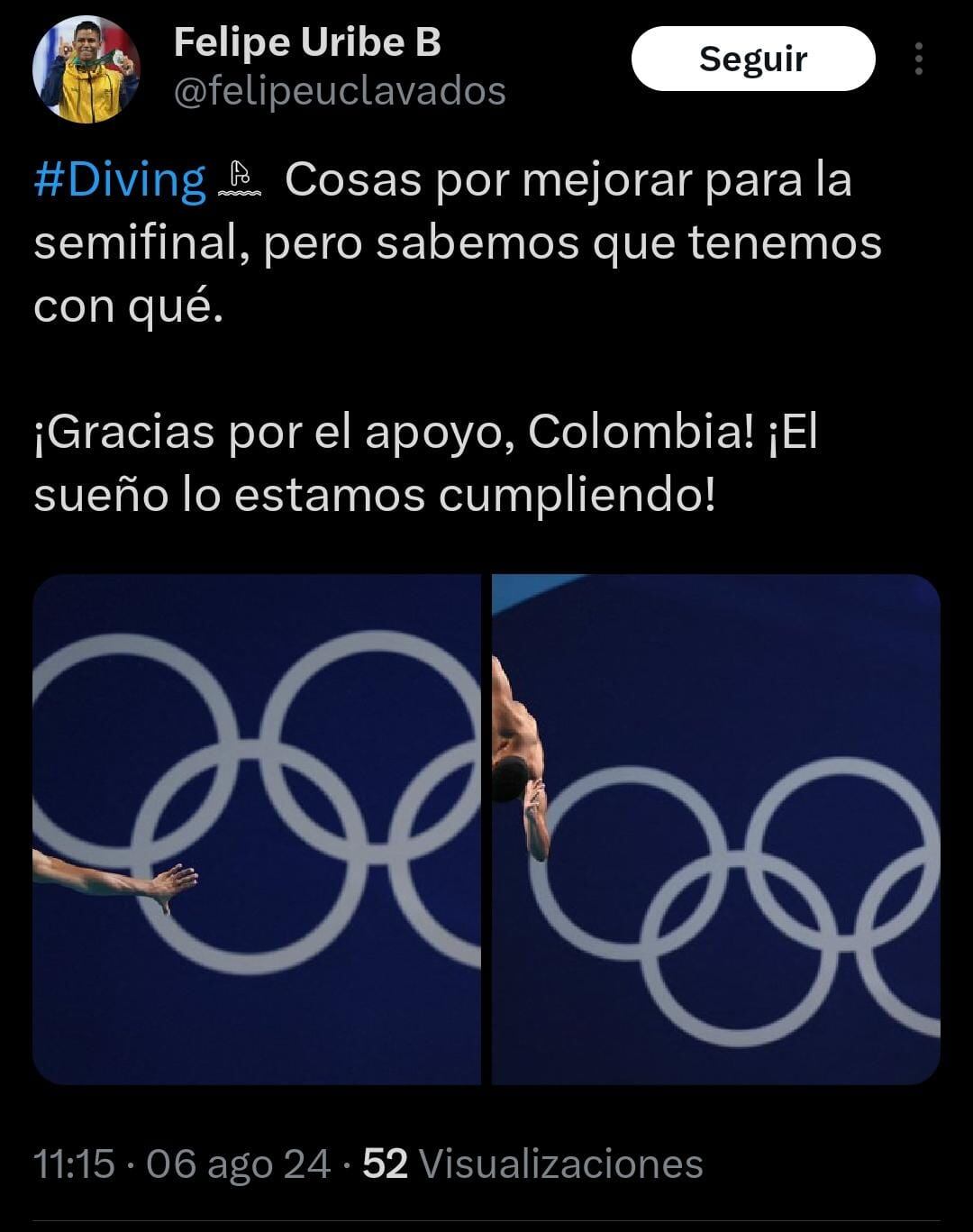 El colombiano quién disputará las semifinales de trampolín de tres metros, agradeció el apoyo de todas las personas que estuvieron pendiente - crédito @felipeuclavados / X