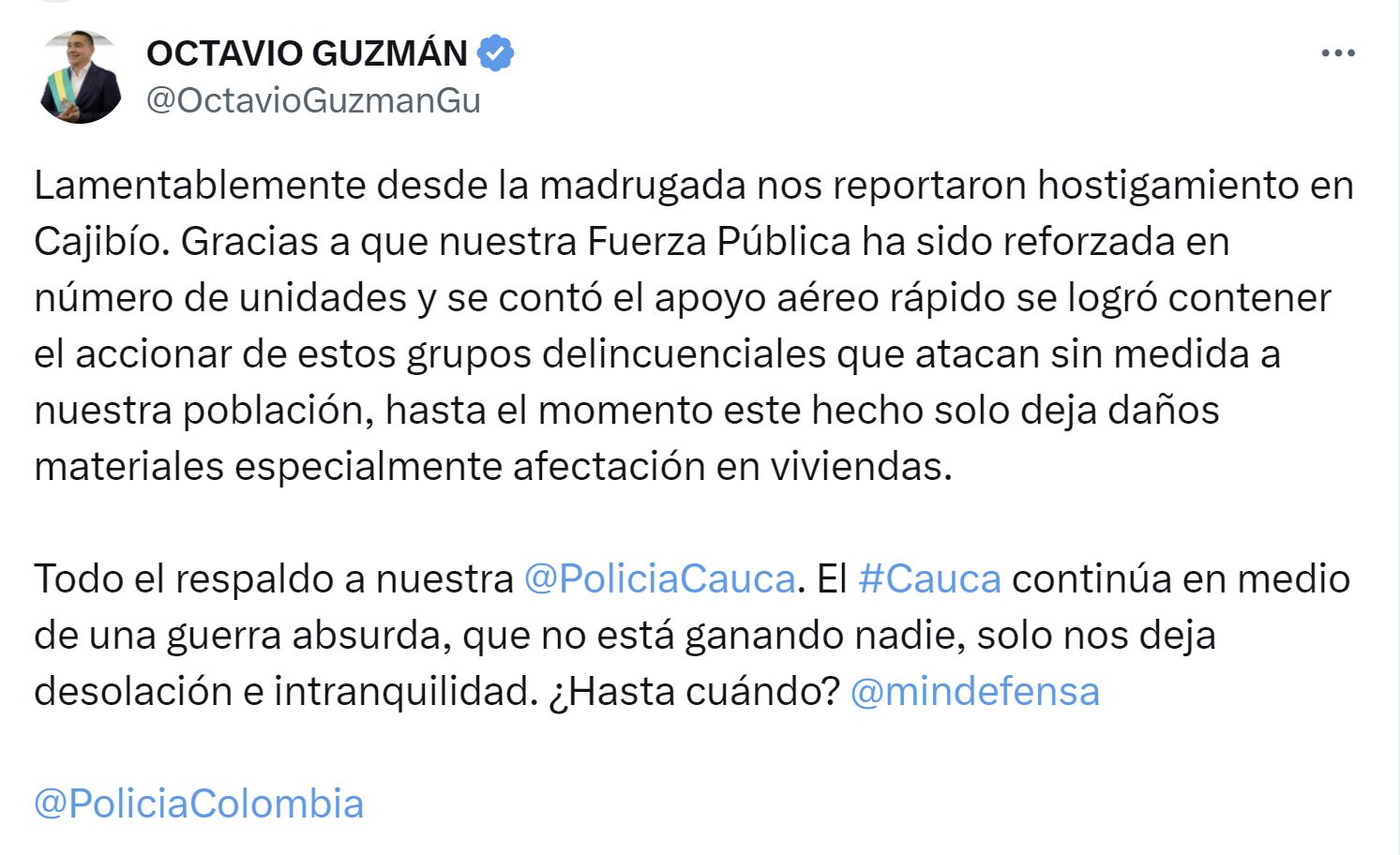 Octavio  Guzmán, gobernador del Cauca, confirmó hostigamiento contra la Policía en Cajibío