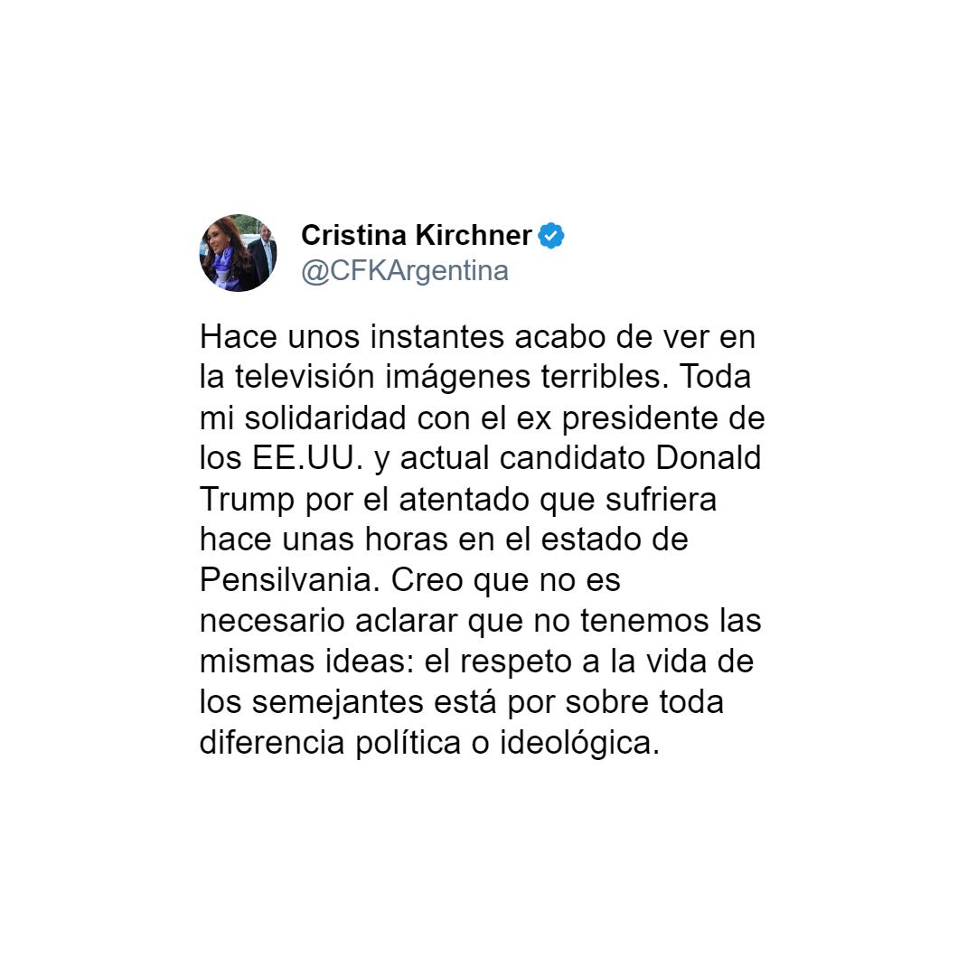 Cristina Kirchner se solidariza en X con Donald Trump