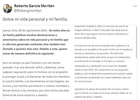 Roberto García Moritan - comunicado separacion