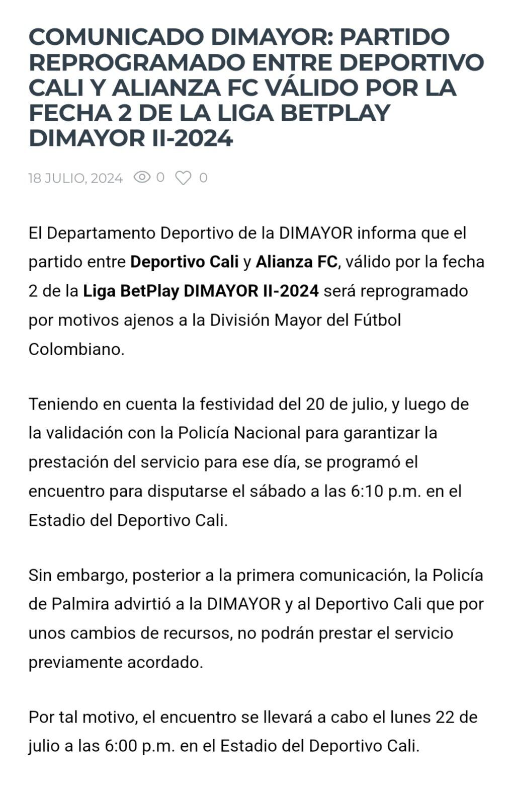 Este fue el comunicado de prensa que emitió la Dimayor en horas de la mañana para postergar el encuentro entre Deportivo Cali y Alianza FC para el próximo lunes 22 de julio - crédito Dimayor / Página oficial