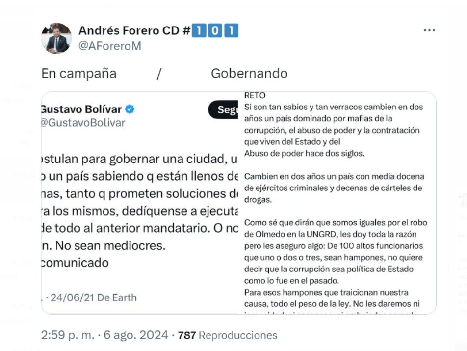 Andrés Forero, del Centro Democrático, apuntó a una contradicción en las declaraciones de Gustavo Bolívar, director del DPS - crédito @AForeroM/X