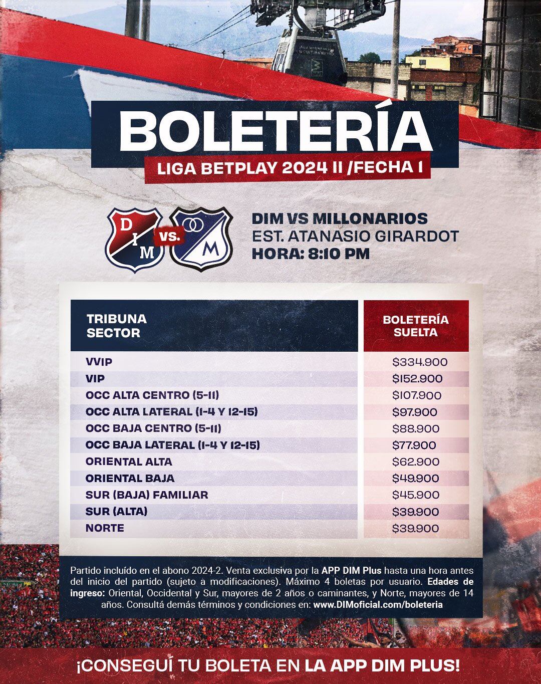 Estos son los precios de la boletería para el encuentro de esta noche entre Millonarios y Medellín - crédito @DIM_Oficial / X