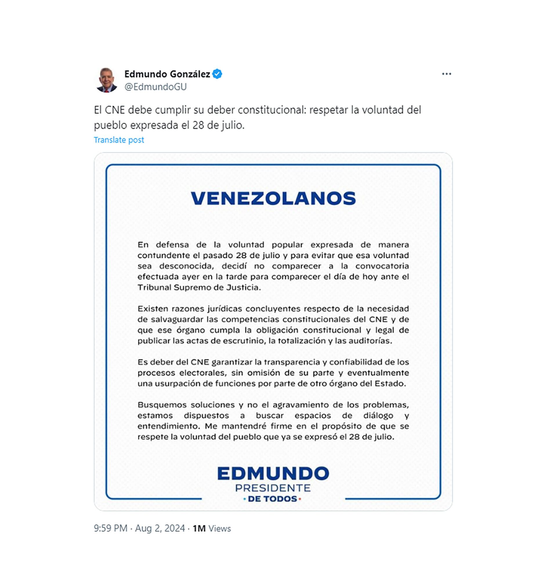 Edmundo González dijo que el CNE debe cumplir su deber constitucional tuit