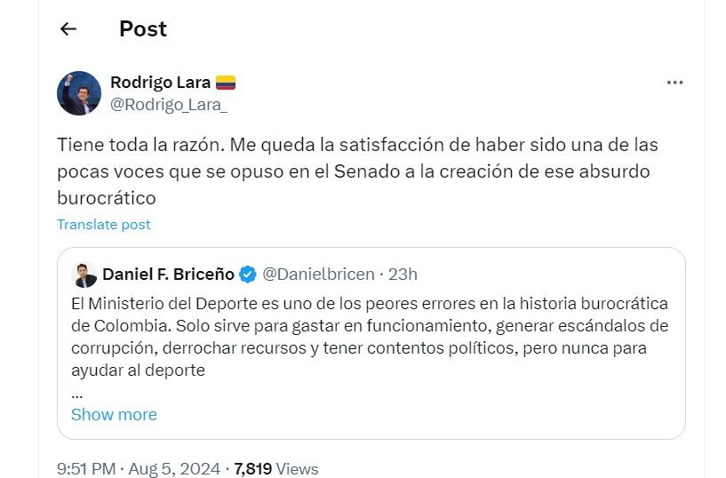 Rodrigo Lara responde a Daniel Briceño en su cuenta de X - crédito @Rodrigo_Lara_