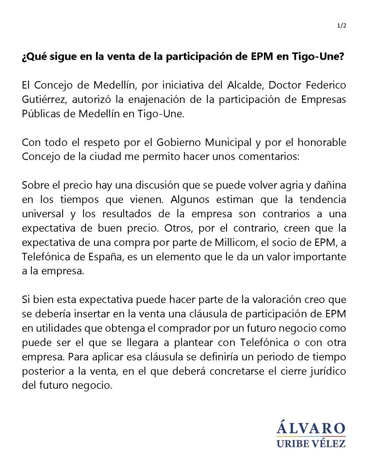 Pronunciamiento de Álvaro Uribe sobre la venta de acciones de Tigo-UNE - crédito @AlvaroUribeVel/X