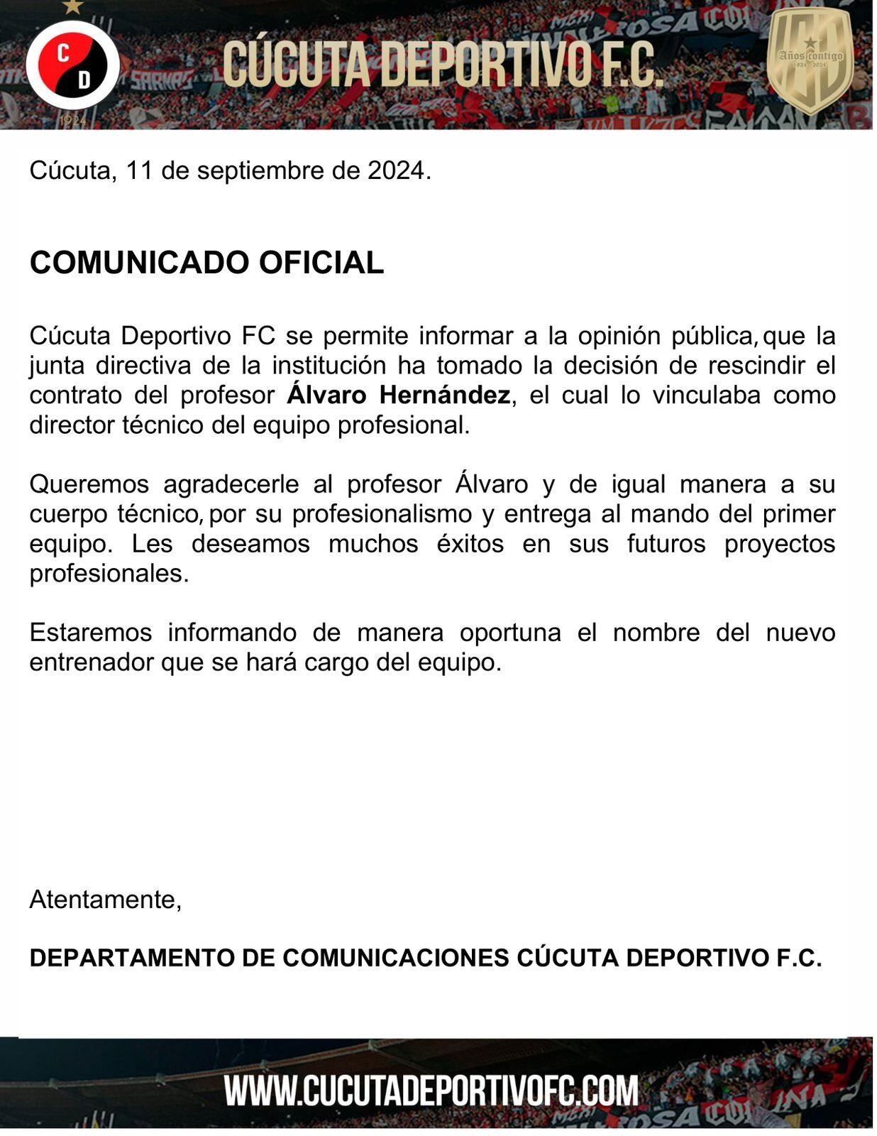 Así lo dio a conocer de forma oficial el cuadro nortesantandereano sobre la no continuidad de Hernández - crédito @Cucutaoficial / X