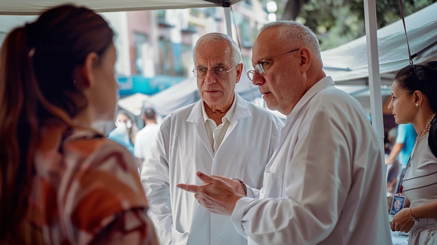 Imagen de profesionales de la salud proporcionando cuidados médicos a personas necesitadas en un entorno urbano al aire libre. Refleja la dedicación y la humanidad del personal médico trabajando más allá de las paredes del hospital para llegar a aquellos en situaciones vulnerables. Palabras clave: profesionales de la salud, cuidados médicos, entorno urbano, dedicación médica, humanidad, trabajo comunitario, atención en la calle, salud para todos, médicos solidarios, asistencia sanitaria extendida. (Imagen ilustrativa Infobae)